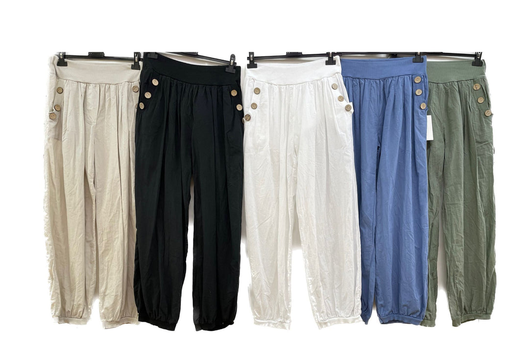 Italian Wood Button Elasticated Waist and Cuffs Trousers
