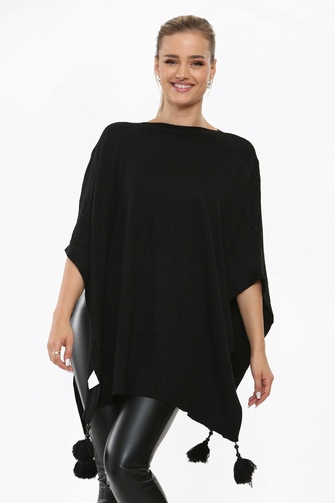 Italian Batwing Tassels Knitted Lagenlook Poncho Shawl