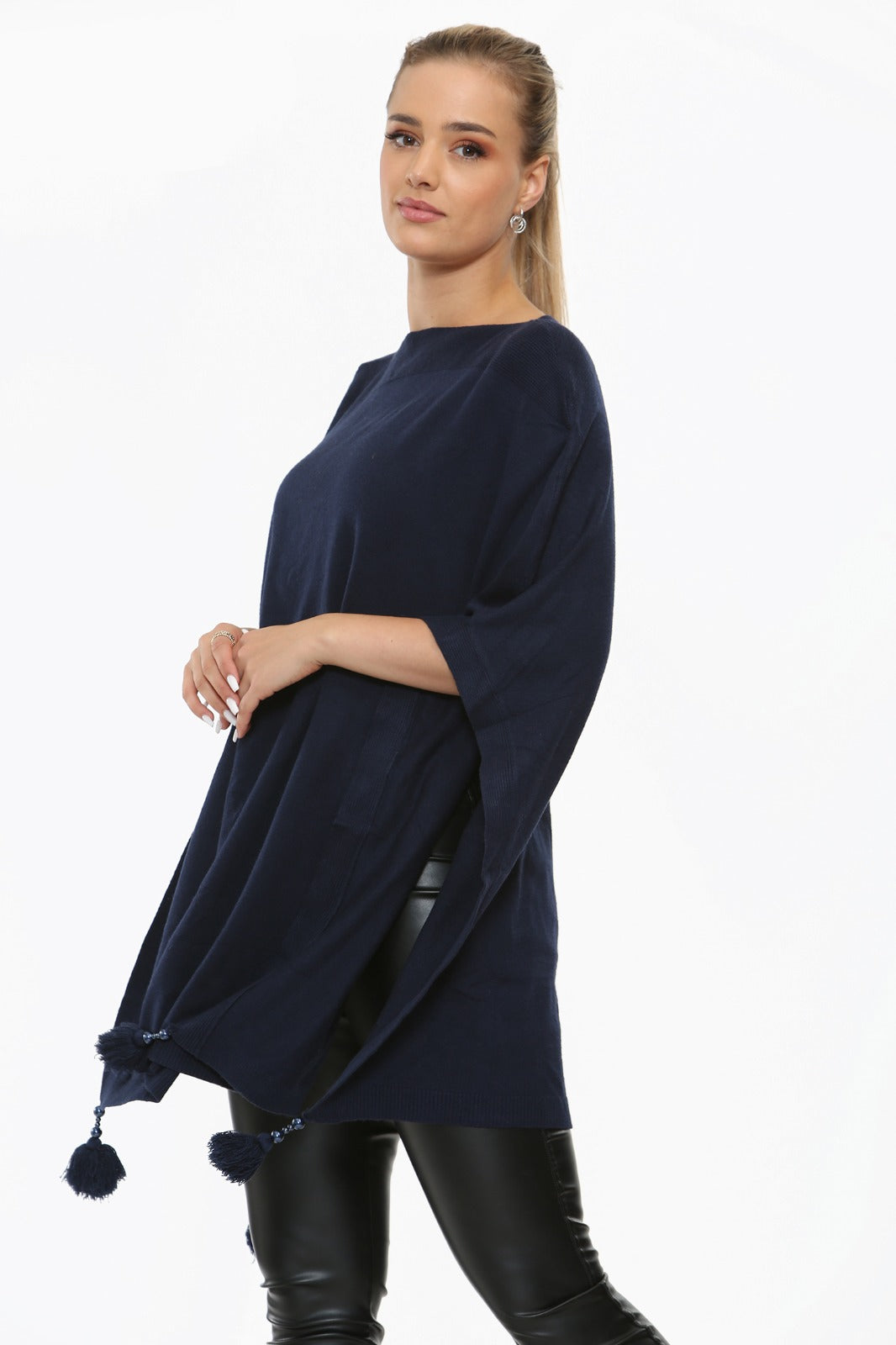 Italian Batwing Tassels Knitted Lagenlook Poncho Shawl